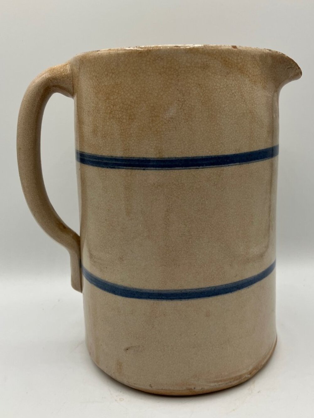 Hand Crafted Stoneware Pitcher Tan & Blue 7.5"H x 4"D